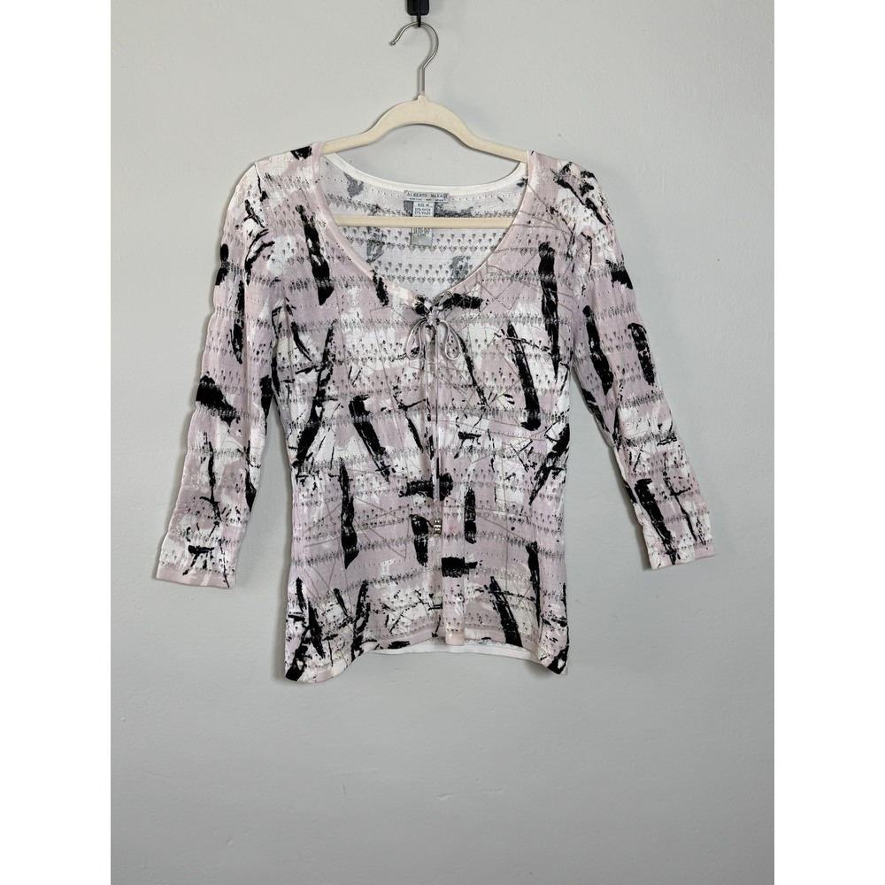Alberto Makali‎ Knit Top M Lavender Pointelle Y2K Boho Lace-Up Textured Shimmer